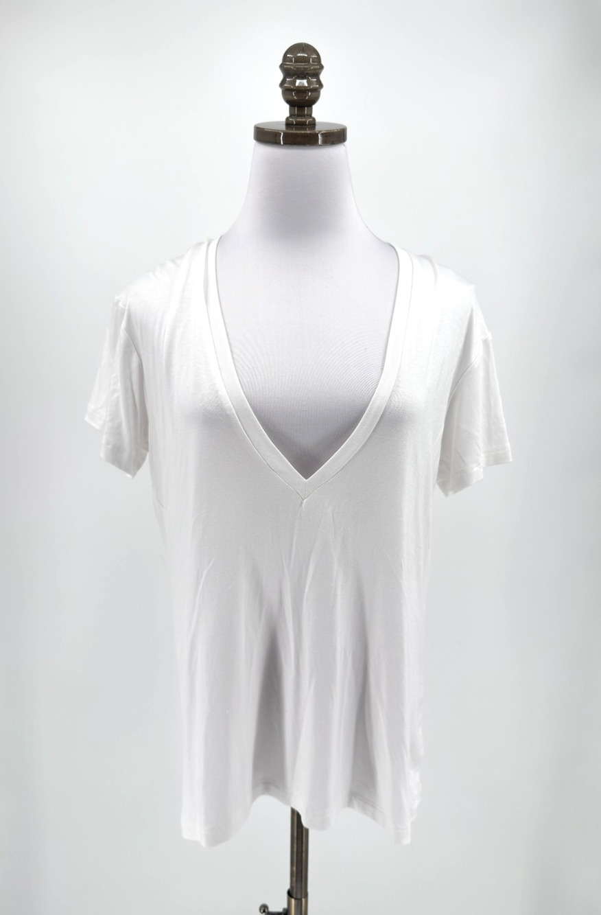 Joah Brown White Modal Plunge V Neck Short Sleeve Tee Top Sz S NEW